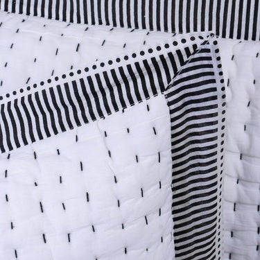 Black Stripe Border Quilted Handmade Kantha Pillow Cover