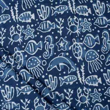Block Printed Aquatic Animals Indigo Dress Material Fabric