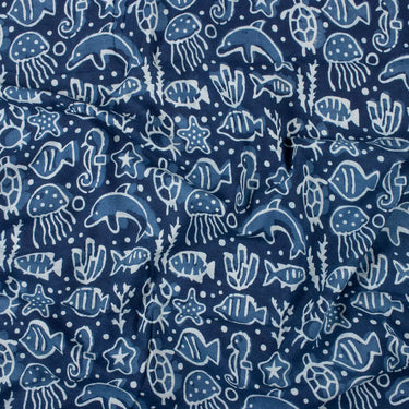 Block Printed Aquatic Animals Indigo Dress Material Fabric