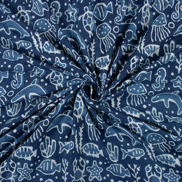 Block Printed Aquatic Animals Indigo Dress Material Fabric