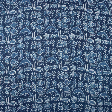 Block Printed Aquatic Animals Indigo Dress Material Fabric