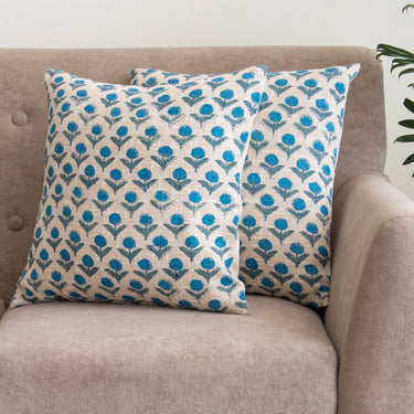 Blue Floral Printed Cotton Cushion Cover Set