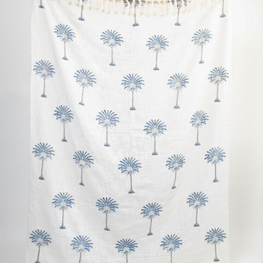 Blue Hand Block Palm Printed Sofa Throw Blanket