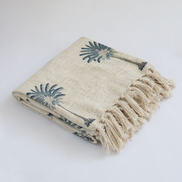 Blue Hand Block Palm Printed Sofa Throw Blanket