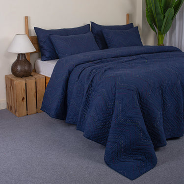 Blue Handmade Solid Kantha Quilt For Winter