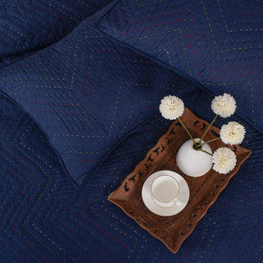 Blue Handmade Solid Kantha Quilt For Winter