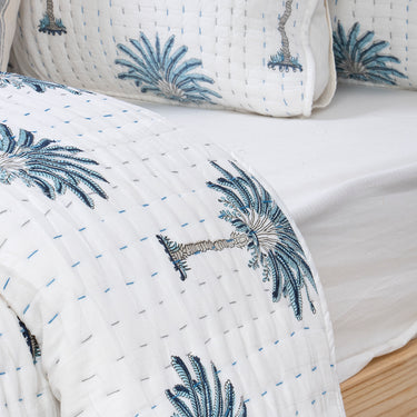Blue Palm Print Organic Cotton Kantha Quilt