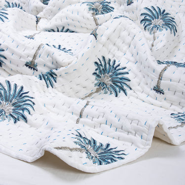 Blue Palm Print Organic Cotton Kantha Quilt