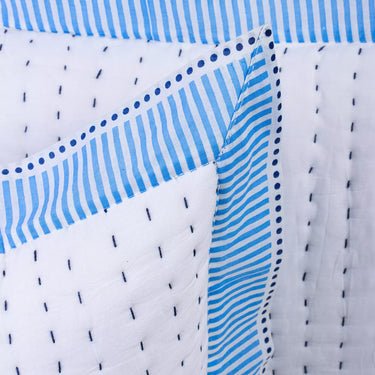 Blue Stripe Border Kantha Handmade Quilted Cotton Protector