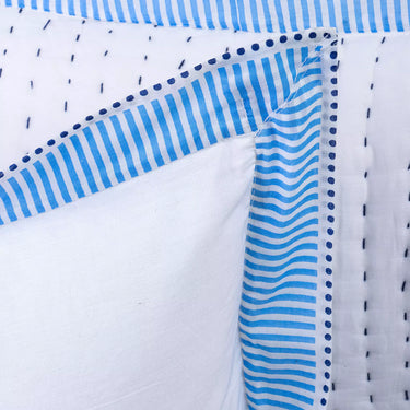 Blue Stripe Border Kantha Handmade Quilted Cotton Protector