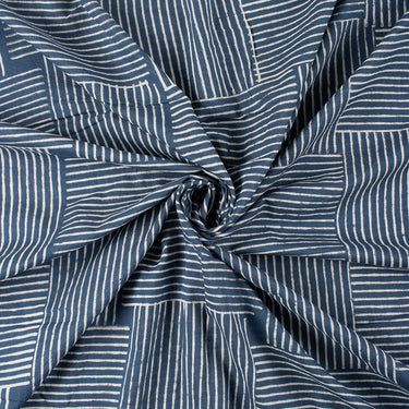 Blue Stripe Discharge Hand Block Printed Cotton Fabric