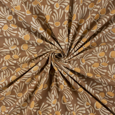 Brown Cotton Hand Block Printed Floral Dabu Running Fabric
