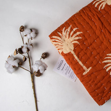 Brown Pure Cotton Baby Blanket Palm Tree Print Kantha Quilt for Winter