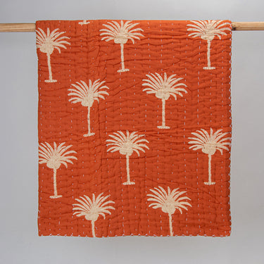 Brown Pure Cotton Baby Blanket Palm Tree Print Kantha Quilt for Winter