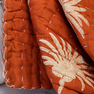 Brown Pure Cotton Baby Blanket Palm Tree Print Kantha Quilt for Winter