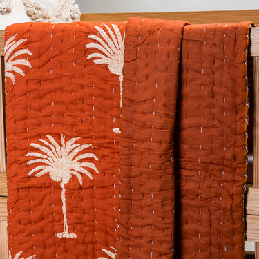 Brown Pure Cotton Baby Blanket Palm Tree Print Kantha Quilt for Winter