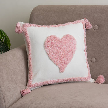 Pink Heart Cotton Tufted Cushion Cover with Tassels