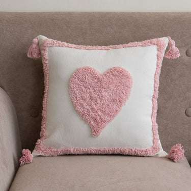 Pink Heart Cotton Tufted Cushion Cover with Tassels