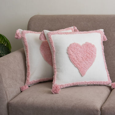 Pink Heart Cotton Tufted Cushion Cover with Tassels