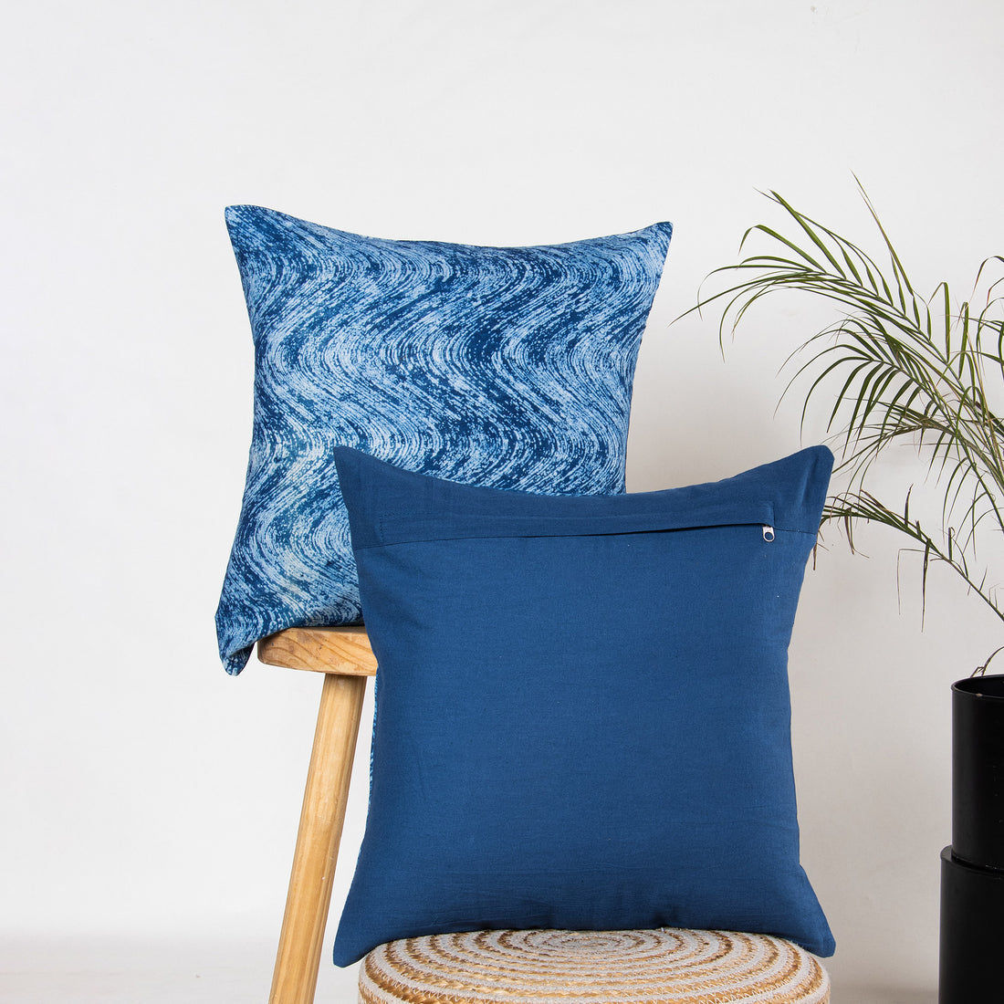Blue Block Wave Printed Reversible Cotton Sofa Cushions Cover Online
