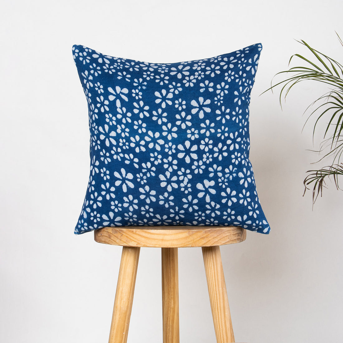 Blue Cushion Covers Block Floral Print Cotton for Sofas Online