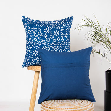 Blue Cushion Covers Block Floral Print Cotton for Sofas Online