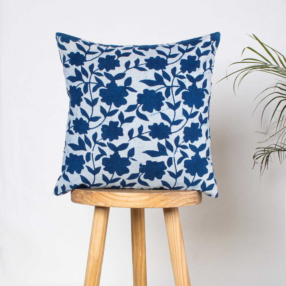 Hand Block Blue Floral Printed Cotton Cushion Cover Online