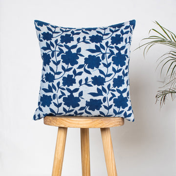 Hand Block Blue Floral Printed Cotton Cushion Cover Online