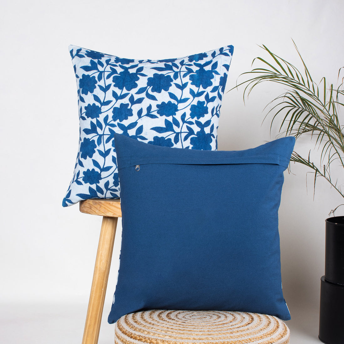 Hand Block Blue Floral Printed Cotton Cushion Cover Online