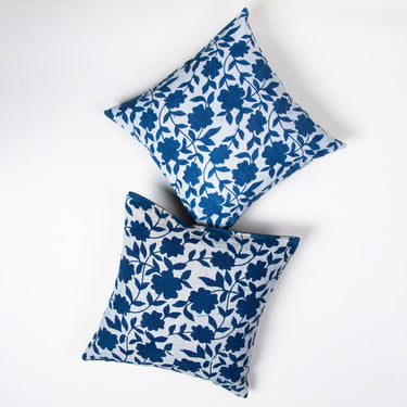 Hand Block Blue Floral Printed Cotton Cushion Cover Online