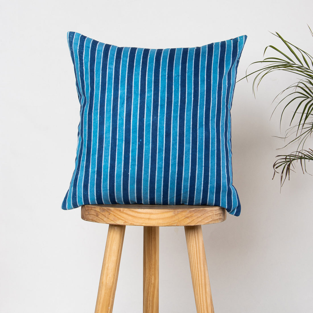 Stripes Hand Block Blue Printed Cotton Cushion Cover 16x16 Online