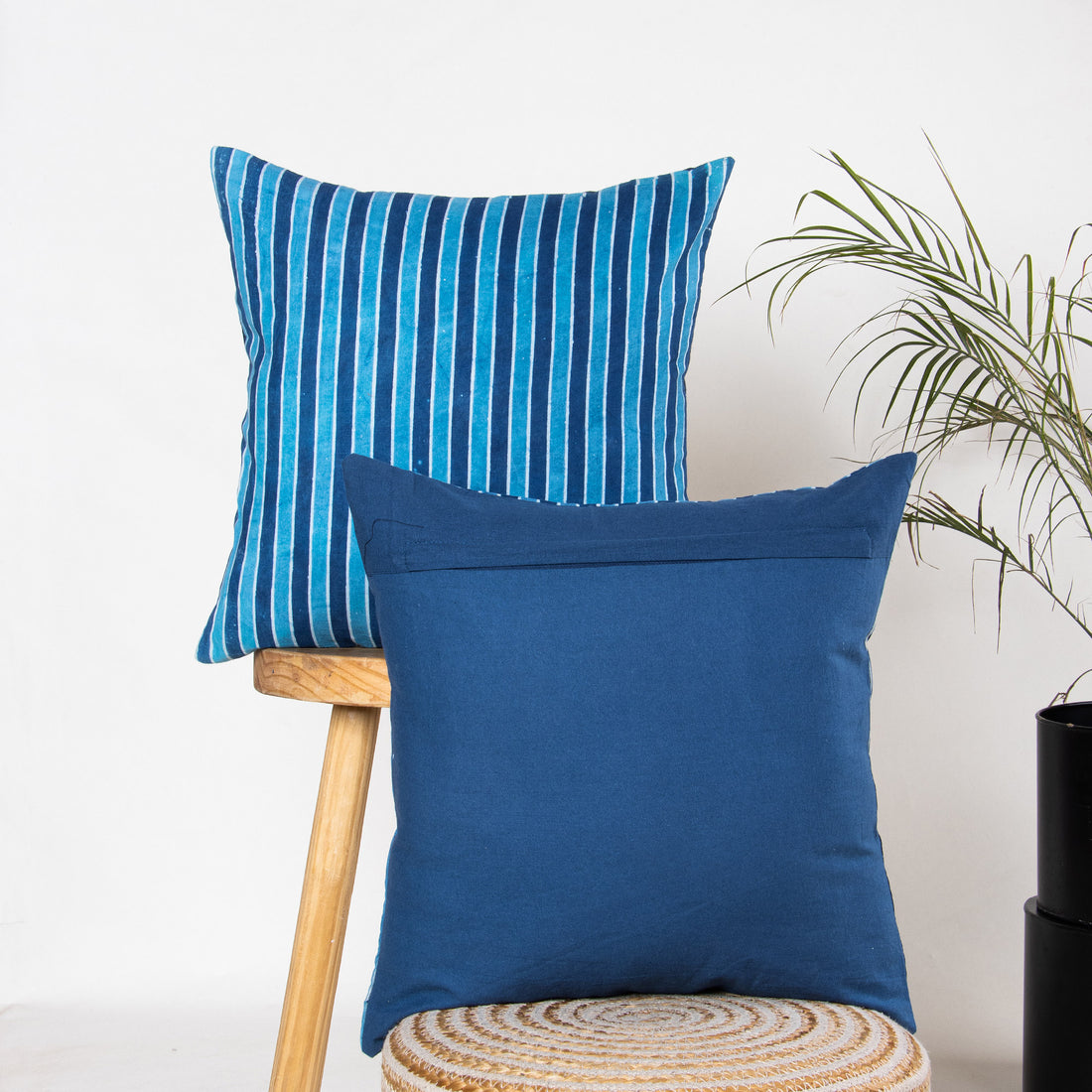 Stripes Hand Block Blue Printed Cotton Cushion Cover 16x16 Online