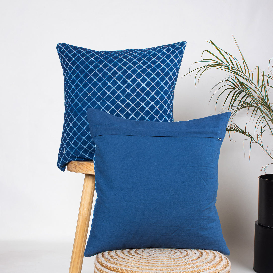 Blue 18 by 18 Cushion Covers Hand Block Indigo Geometrical Print
