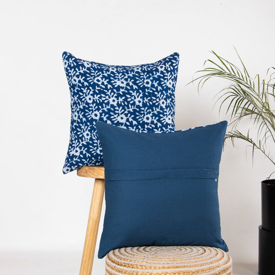 Indigo Blue Floral Printed Pure Cotton Cushion Covers Online
