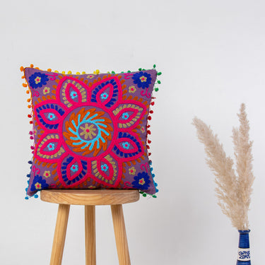 Cotton Cushion Cover: Pom Pom Embroidered