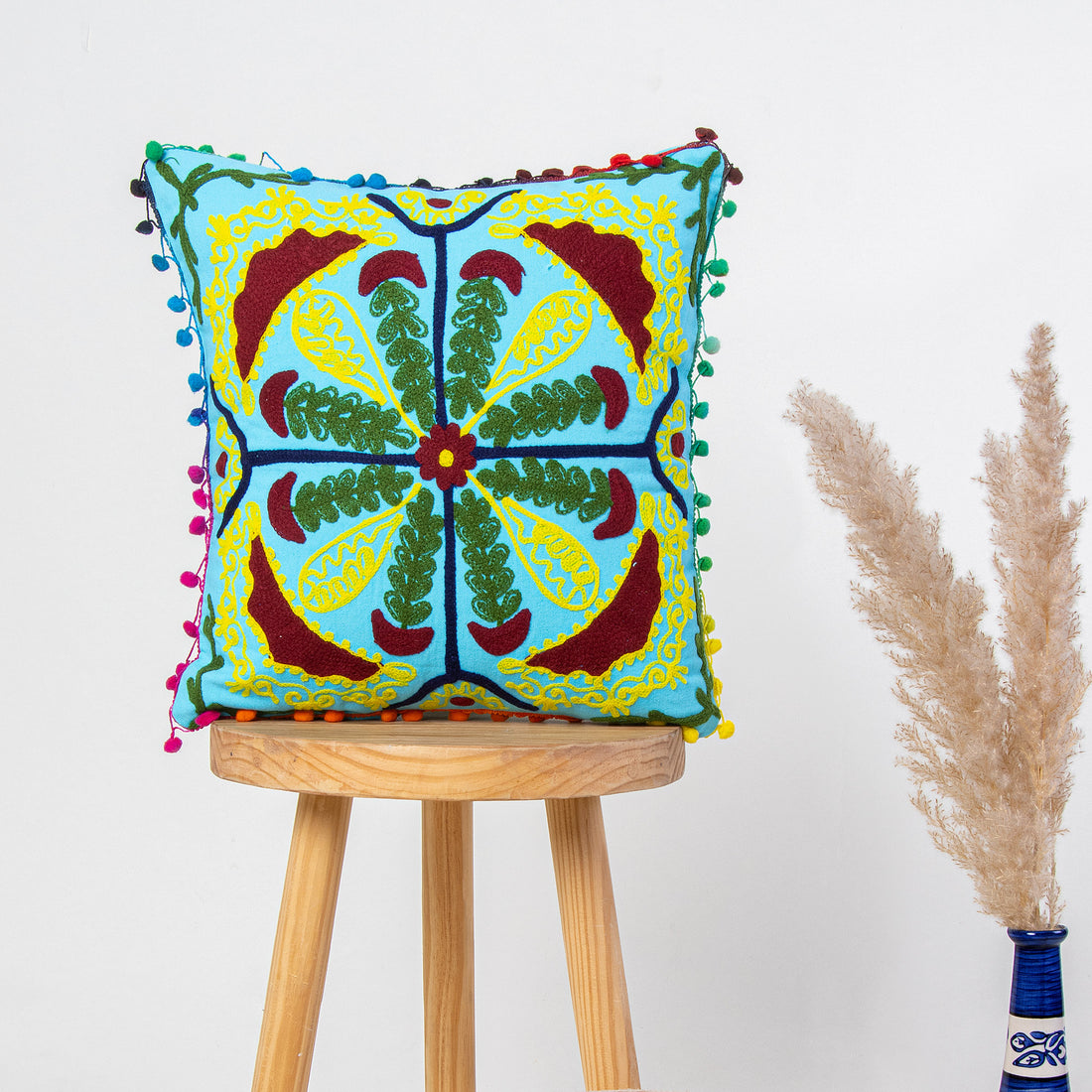 Cushion Cover Design: Sky Blue Cotton Embroidered Online