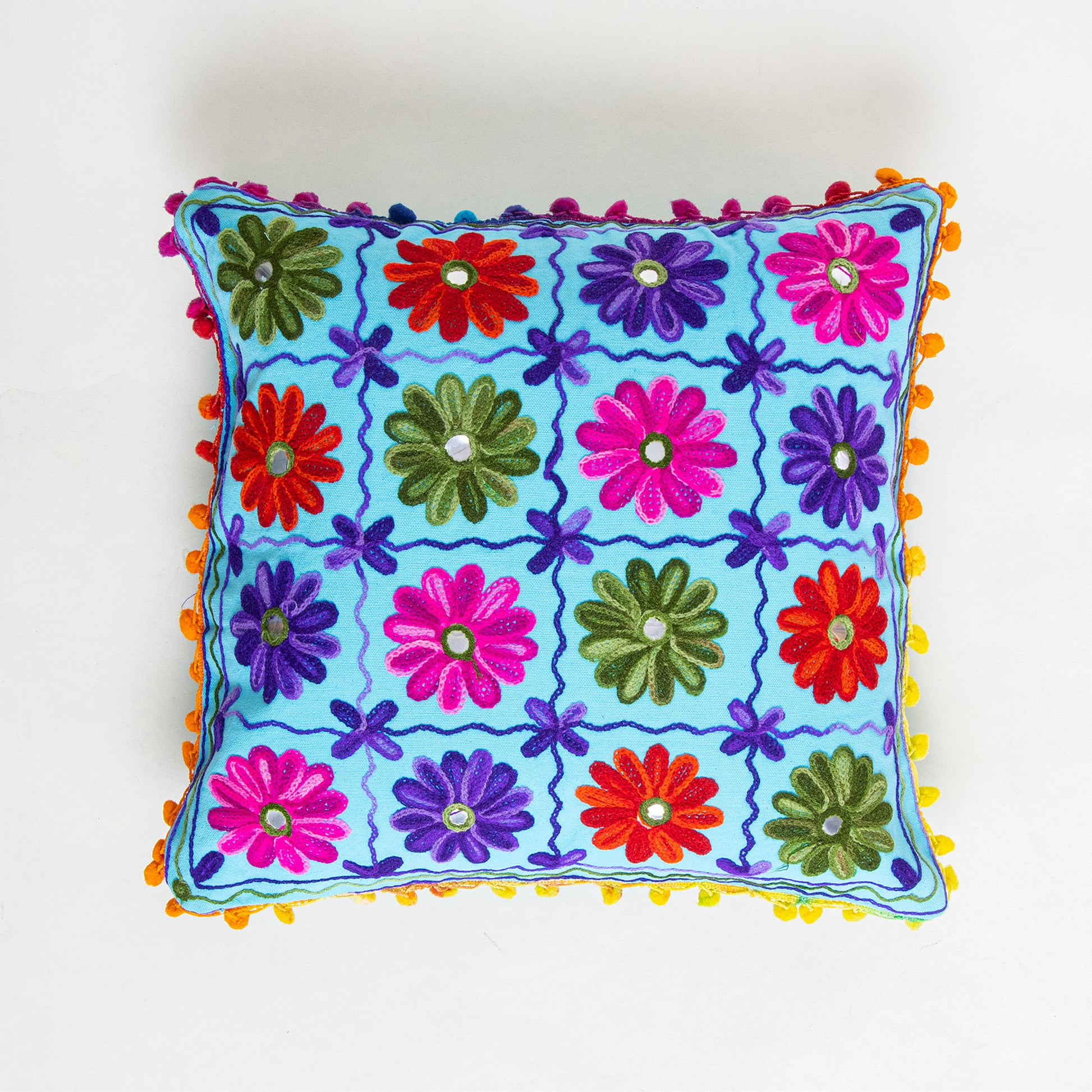 Sky Blue Rangoli Kashmiri Embroidered Cushion Covers