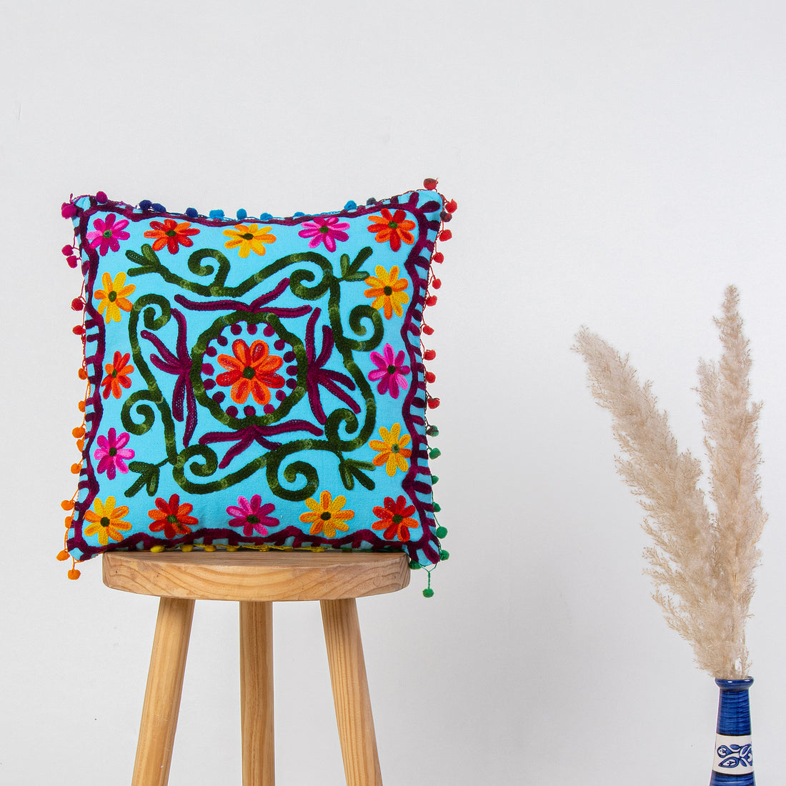 Sky Blue Cotton Hand Embroidered Cushion Covers