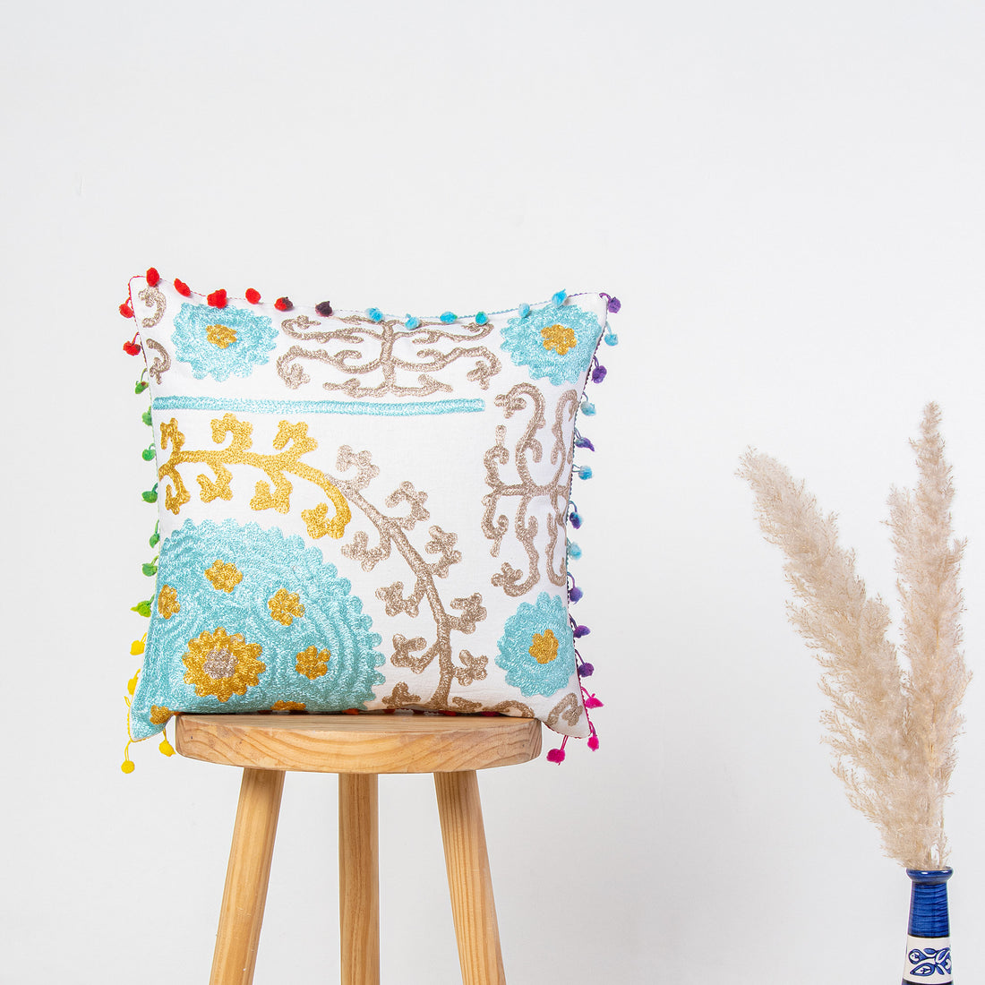 Cotton Hand Work Embroidered Cushion Cover 16x16