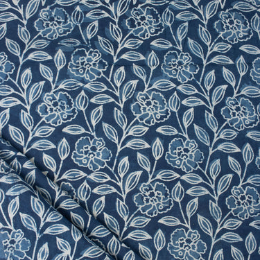 Floral Hand Block Print Indigo Cotton Fabric