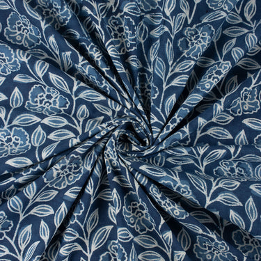 Floral Hand Block Print Indigo Cotton Fabric