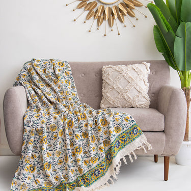 Floral Hand Block Printed Organic Cotton 2, 3 Seater Sofa Throws