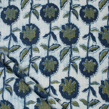 Floral Indigo Blue Pure Cotton Kantha Fabric