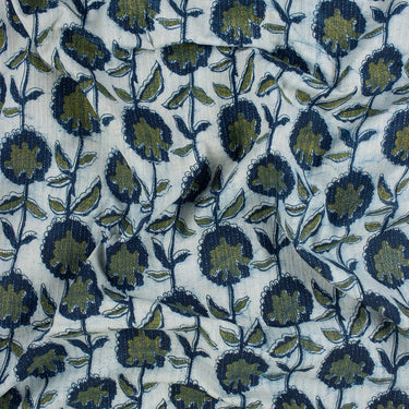 Floral Indigo Blue Pure Cotton Kantha Fabric