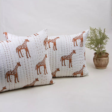 Giraffe Hand Block Printed Cotton Quilted Pillow Cover
