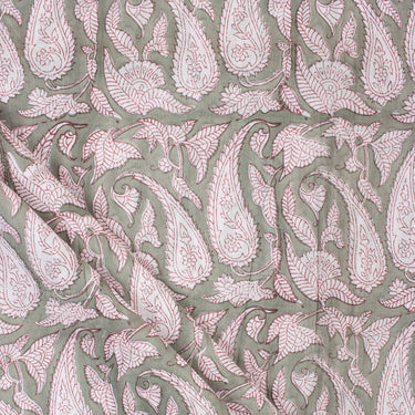 Gray Floral Jaal Hand Block Print Cotton Fabric
