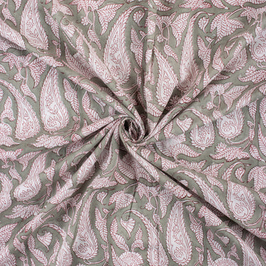 Gray Floral Jaal Hand Block Print Cotton Fabric