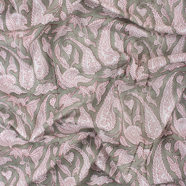 Gray Floral Jaal Hand Block Print Cotton Fabric
