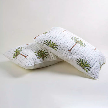Green Block Printed Kantha Quilted Cotton Pillow Cover