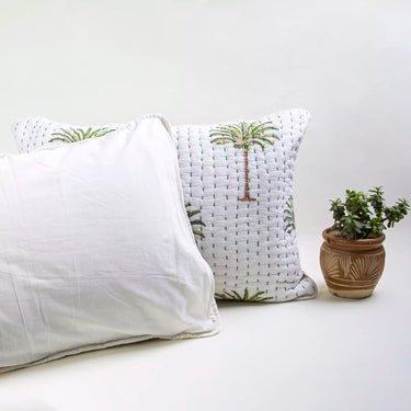 Green Block Printed Kantha Quilted Cotton Pillow Cover